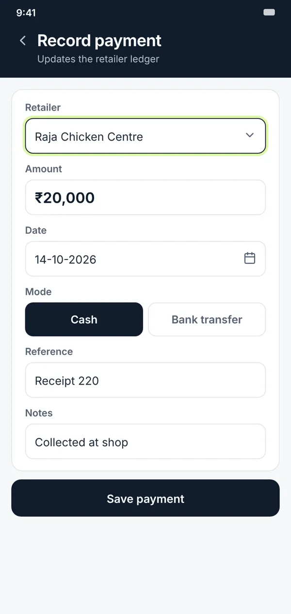 Concept design, not a screenshot: Phone screen of the record payment form with retailer, amount, date, cash or bank transfer, reference and notes